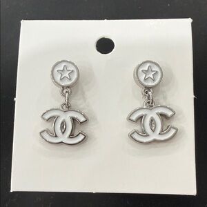 Chanel Silver and White Logo Earrings